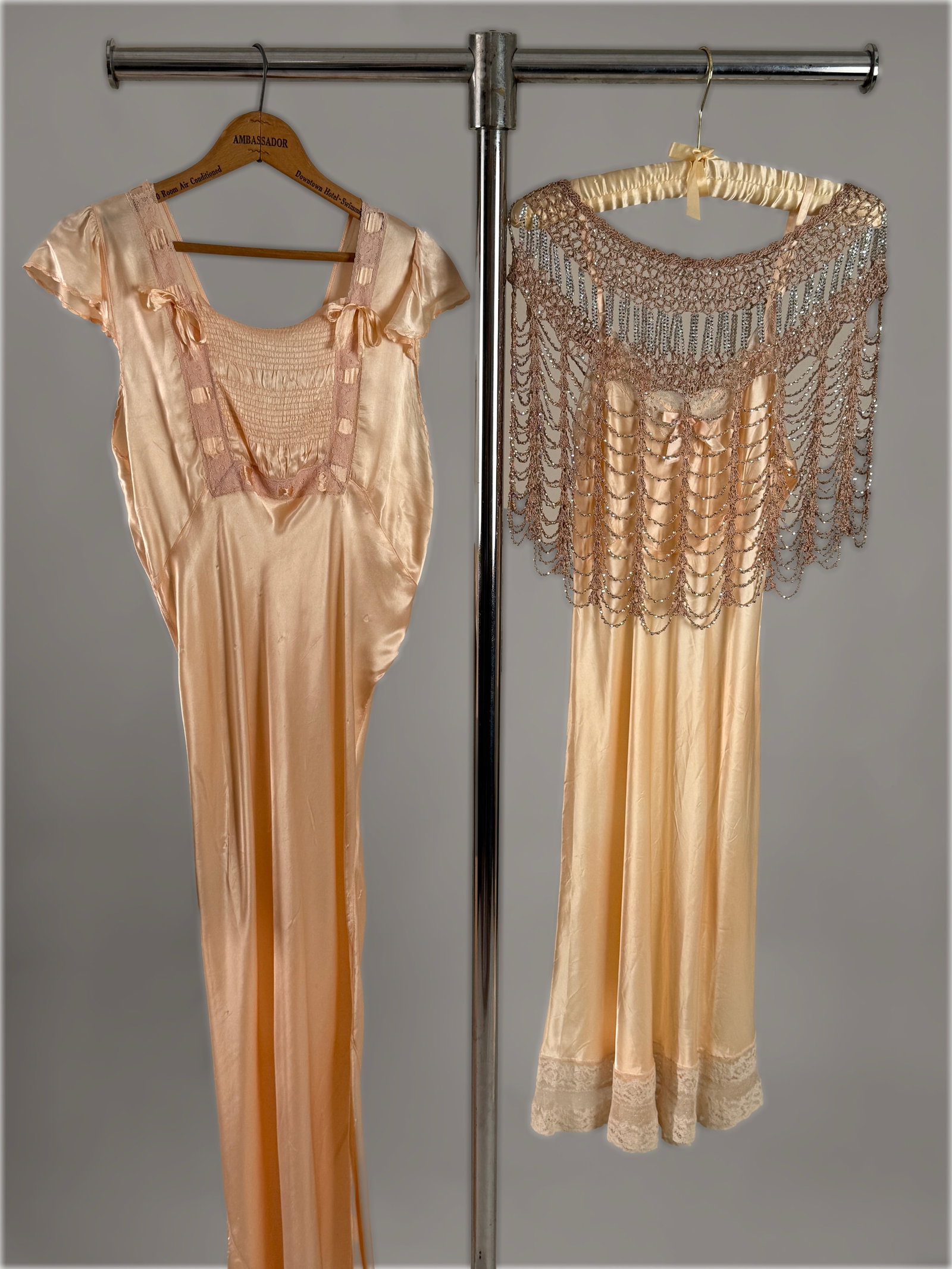 Vintage 1930s 40s Lingerie Dresses & Metallic Beaded Capelet (3): Vintage 1930s 40s lingerie dresses and one vintage silver beaded capelet. One bias cut liquid satin nightgown in a soft pink hue, detailed with a smocked bodice, delicate lace inserts, cap sleeves, an