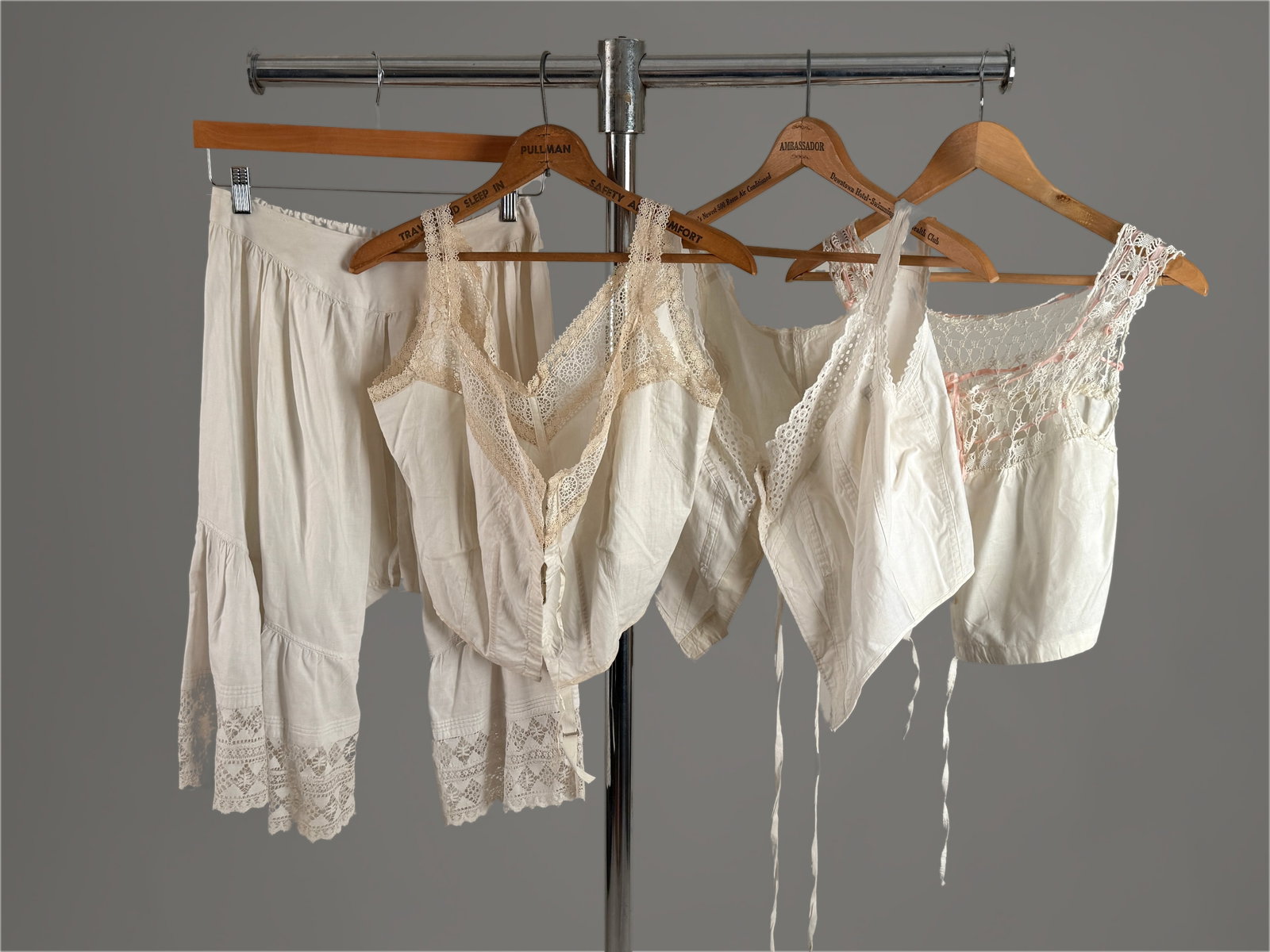 Group (4) Antique Victorian- Edwardian Cotton Lace Corset Camisoles & Split Drawers (1 of 14)