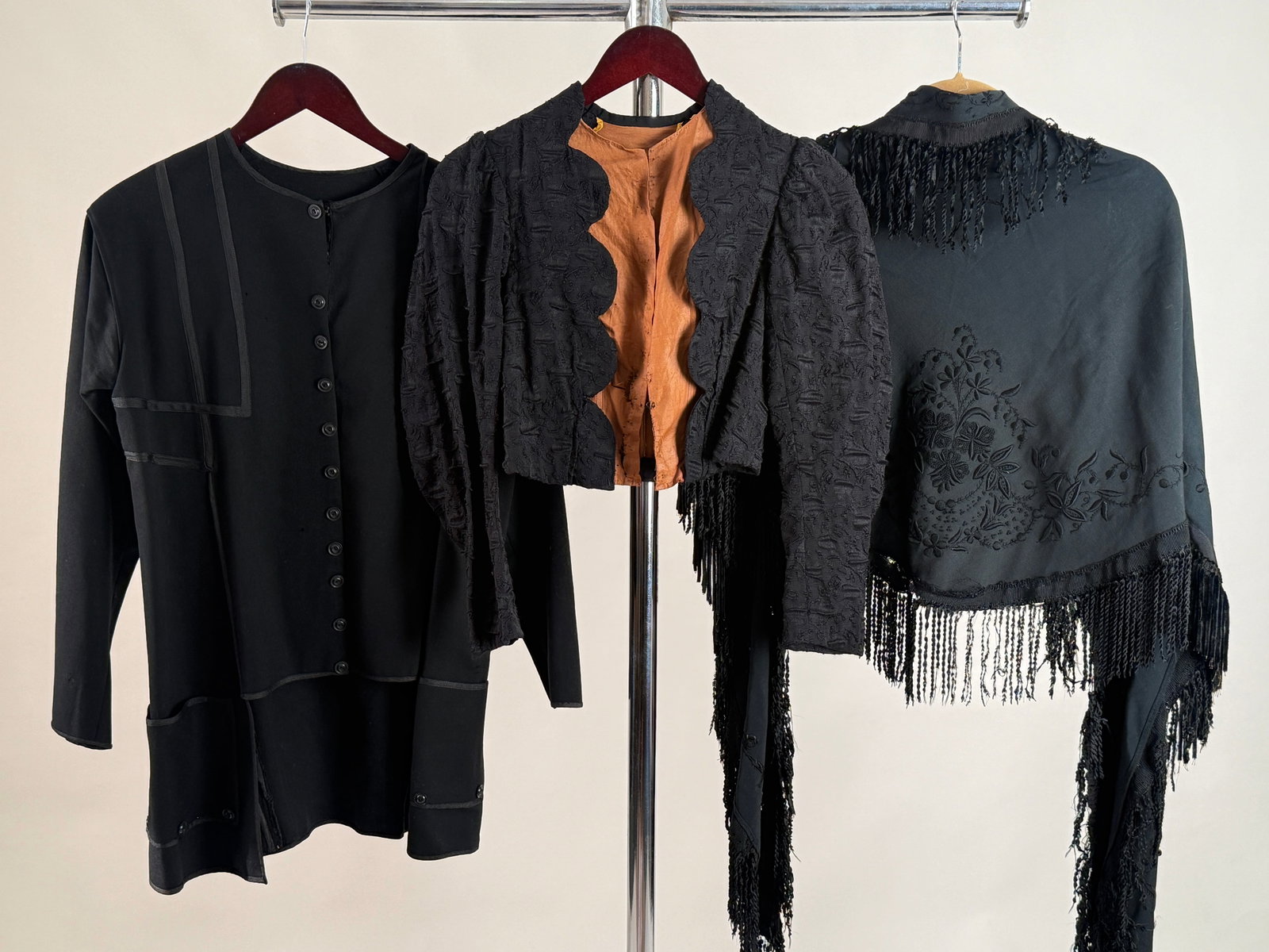 Group (3) Antique Victorian Black Mourning Garments: Jackets & Embroidered Fringed Shawl (1 of 11)