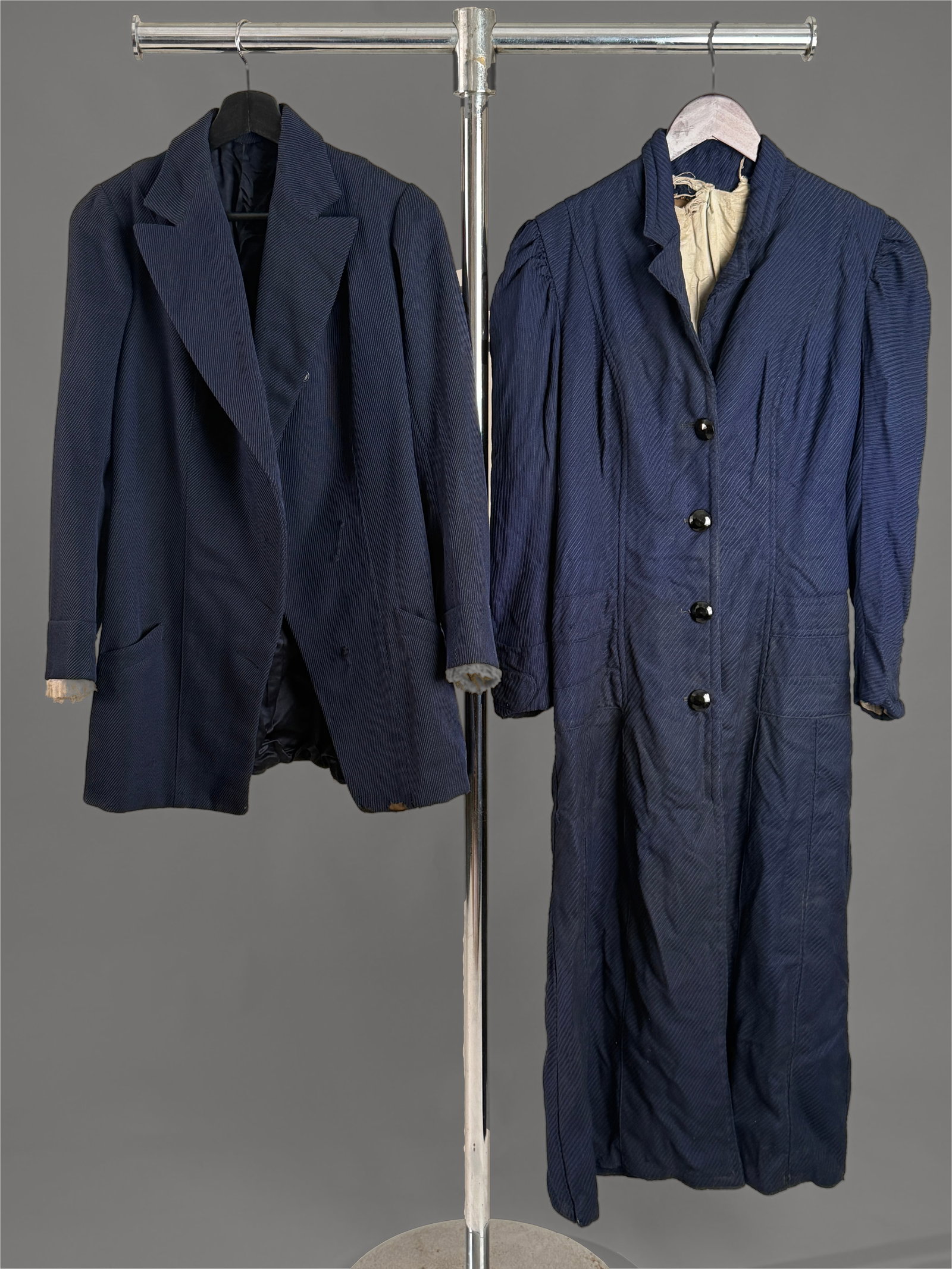 Antique Edwardian Navy Blue Ribbed Wool Jacket and Riding Coat (2): Two antique women's garments from the turn of the century- 1910s both in navy blue ribbed wool. The shorter jacket features a double breasted silhouette with wide peaked lapels, a dark interior lining