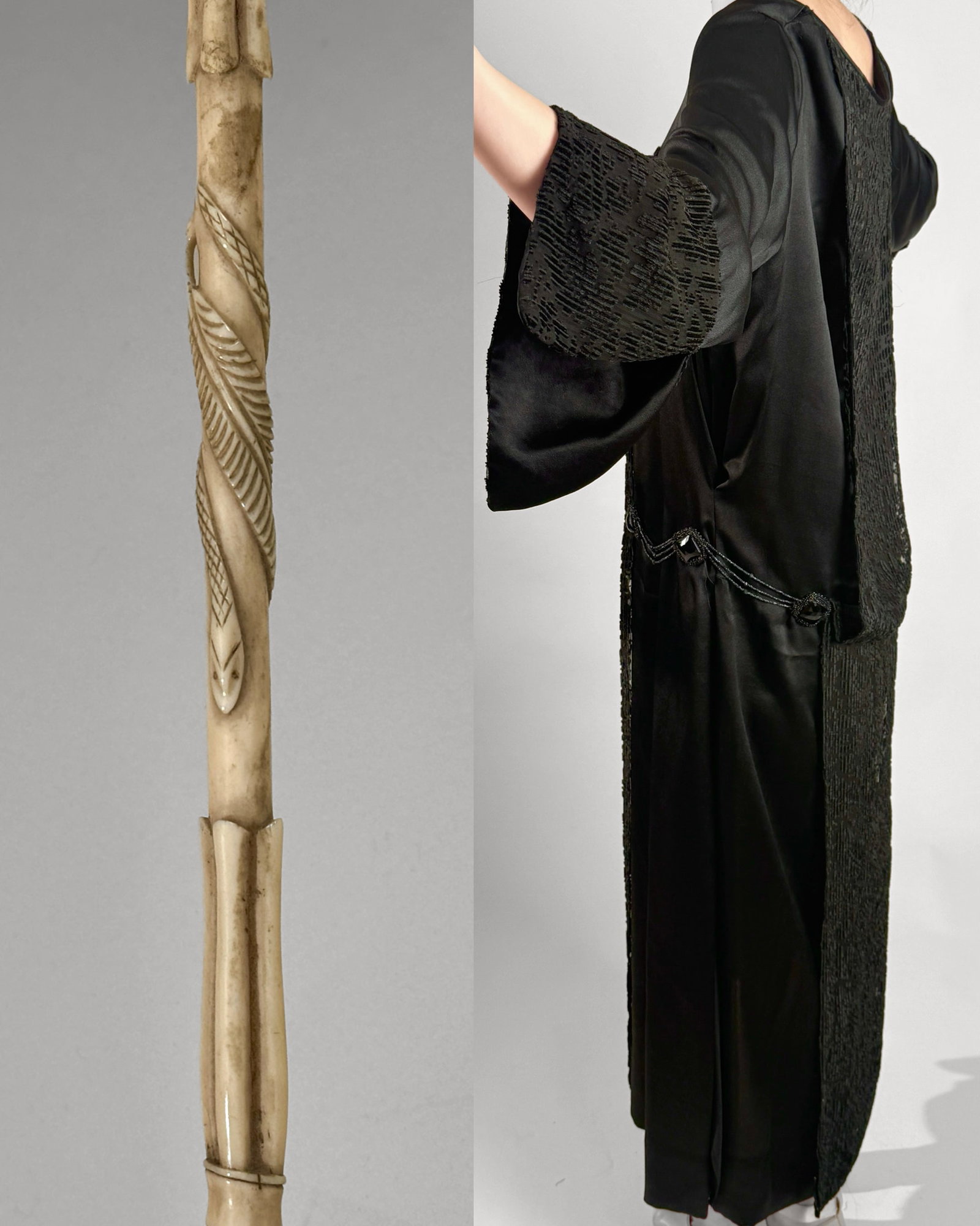 1830- 1850 Victorian Mourning Parasol Carved Snake Serpent Handle, 1890s Cape Silk Dress Group (3): Antique Victorian mourning attire group of three pieces. A wonderful parasol with an intricately hand carved handle depicting a coiled snake and vines- the canopy needs to be replaced. A black velvet 
