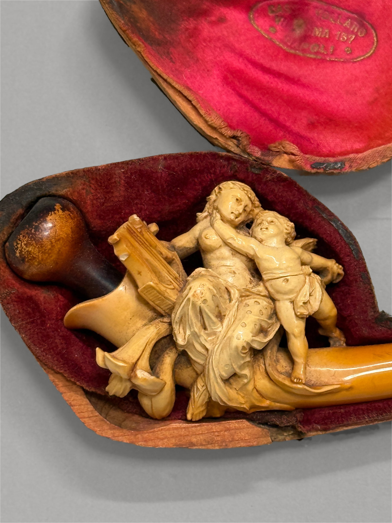 Antique Italian Meerschaum Pipe with Hand Carved Mother Child Cherub Natural Amber (1 of 11)