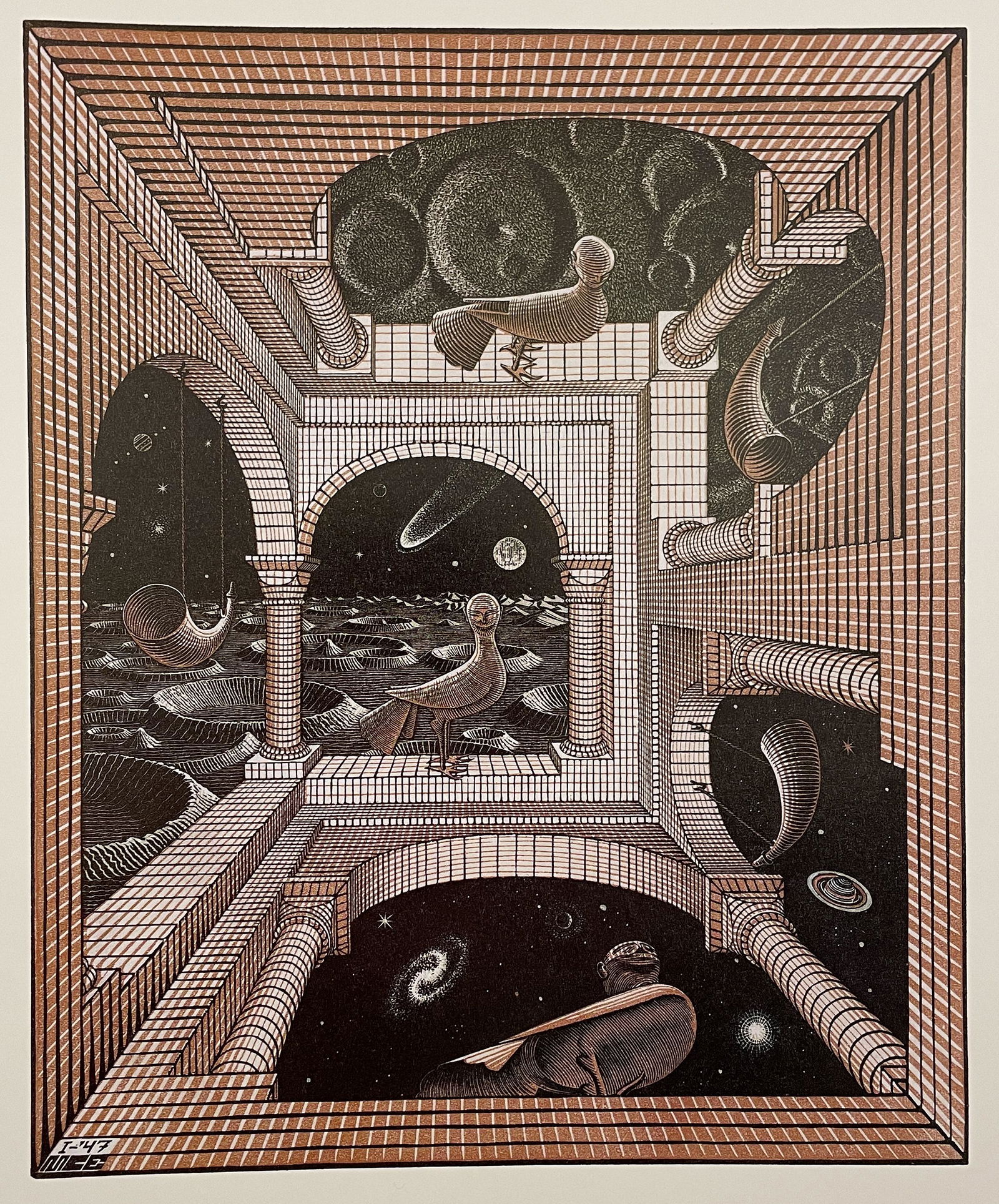 MC Escher - Other World, 1947: MC ESCHER (1898-1972) Other World, 1947 Print in Colors, Printed in the 1970s 8 1/4" x 10" M.C. Escher was a Dutch graphic artist known for his iconic optical illusions. His lithographs, woodcuts, eng
