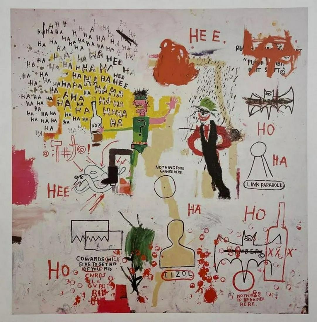 Jean Michel Basquiat - Riddle Me This, Batman, 1987: JEAN MICHEL BASQUIAT (1960-1988) Riddle Me This, Batman, 1987 Print in Colors 8 1/4" x 8 1/2" Jean-Michel Basquiat was an influential African-American artist who rose to success during the 1980s. Basq