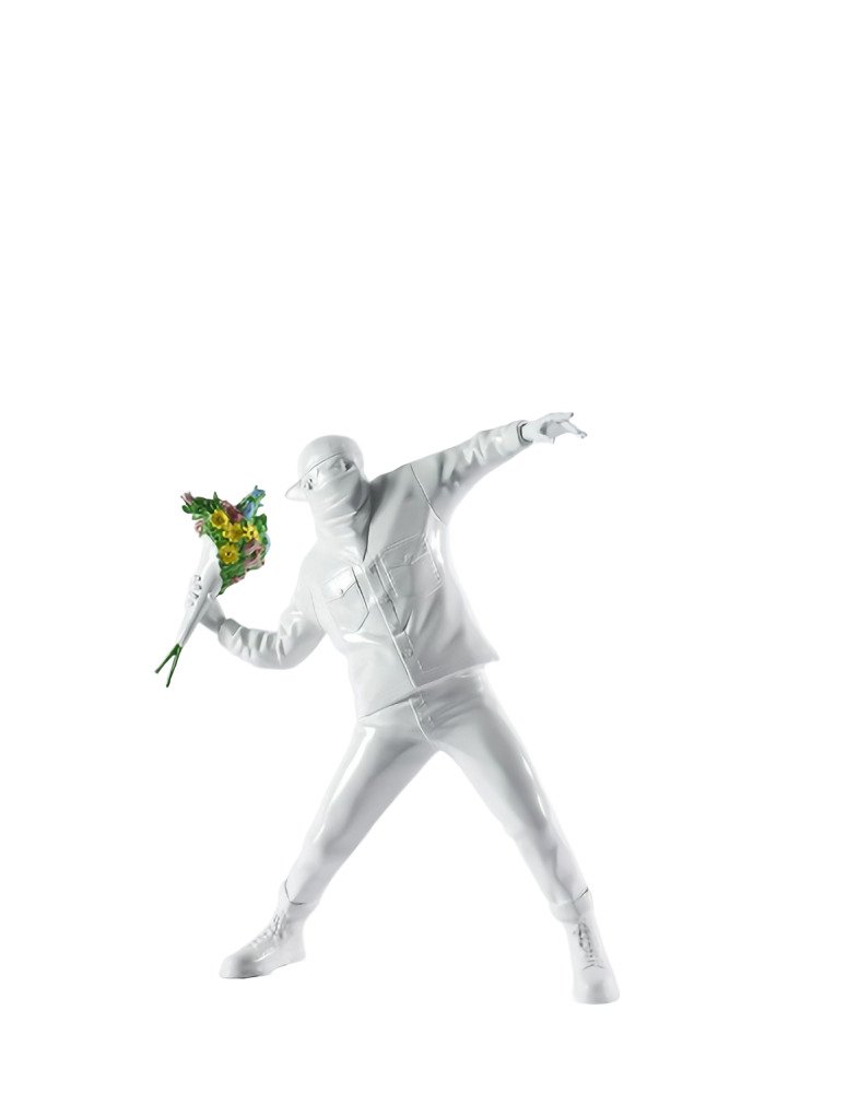 Banksy - Flower Thrower - Resin Sculpture (White): BANKSY Flower Thrower, Resin Sculpture 16" x 14" x 3" Medicom Toy Plus Stamped towards the bottom 16" x 14" x 3"