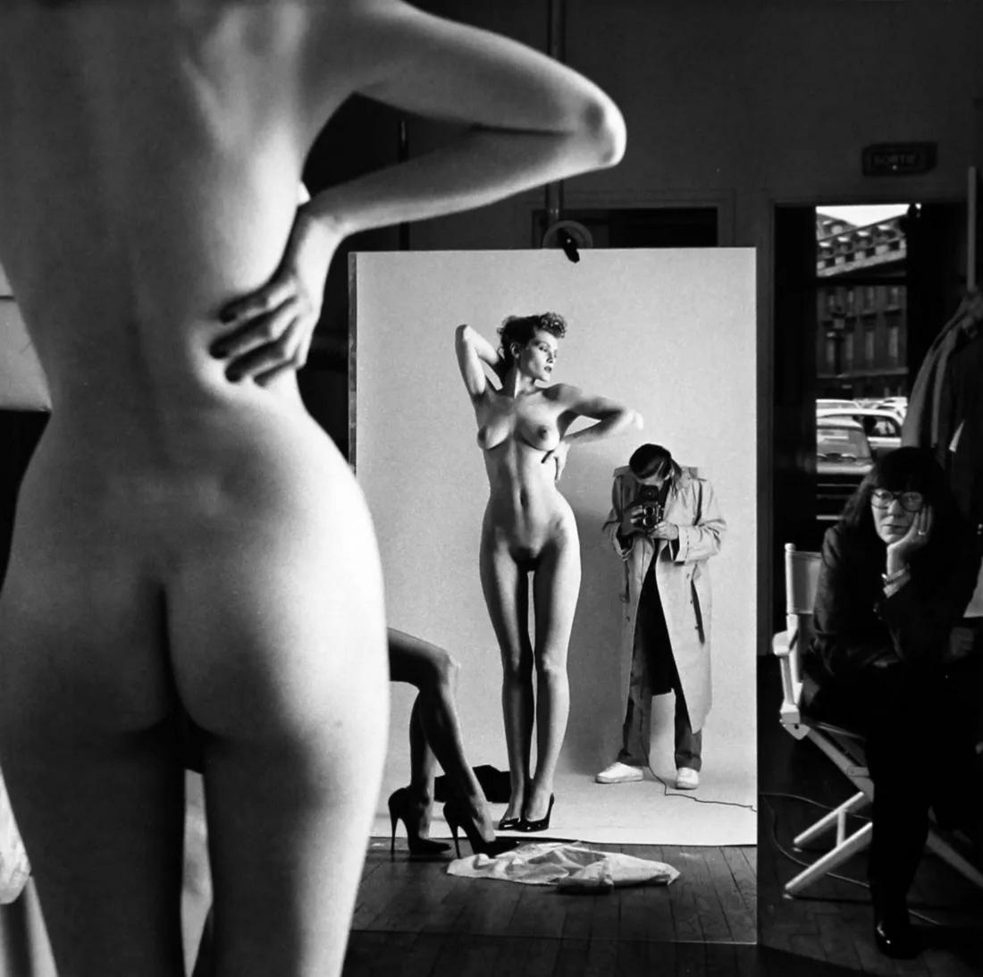 Helmut Newton - Self Portrait with Wife and Models, 1981: HELMUT NEWTON (1920-2004) Self Portrait with Wife and Models, Paris, 1981 Print in Colors 9" x 9" Helmut Newton was a German high-fashion photographer whose subversive approach to subject matter broug