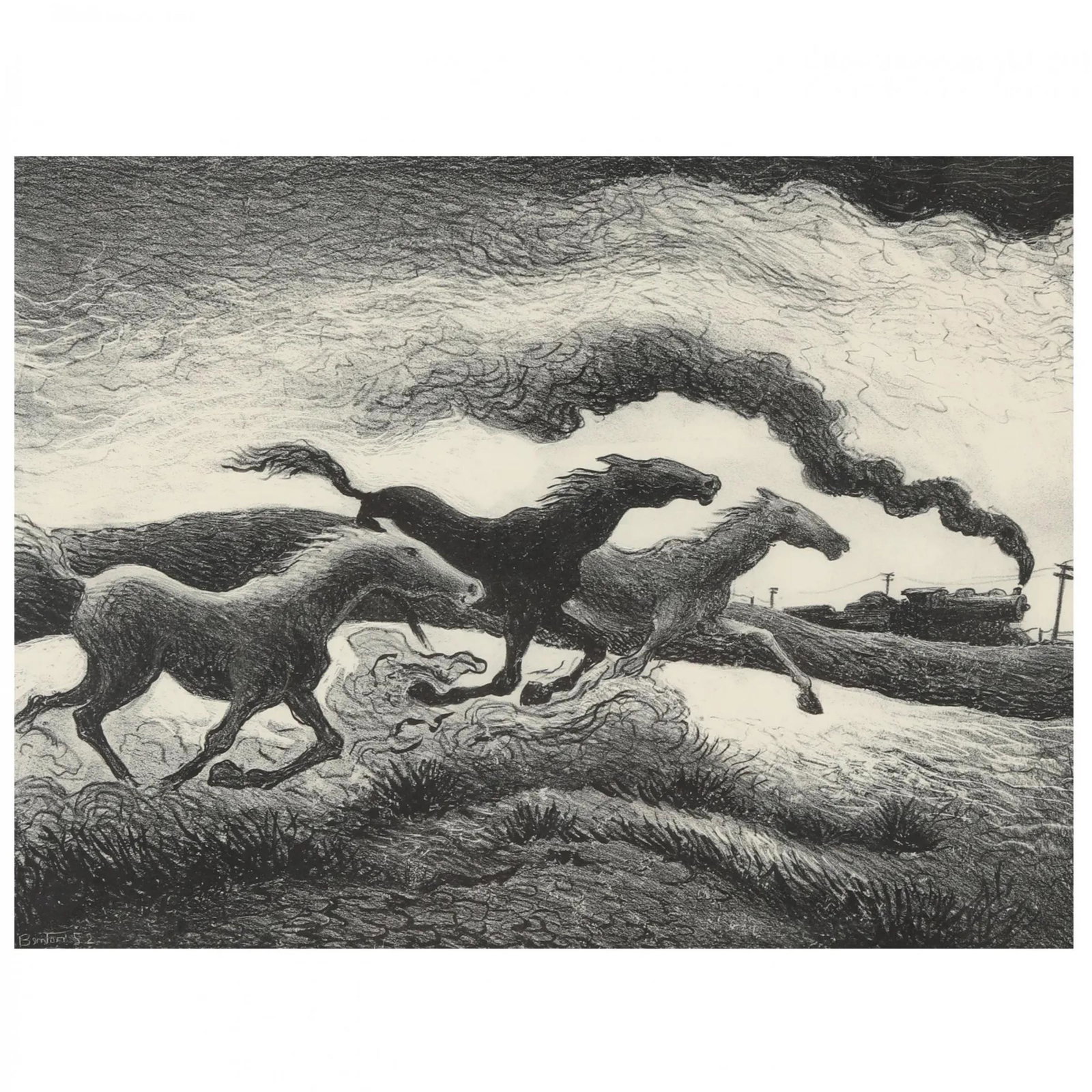 Thomas Hart Benton - Running Horses, 1952: THOMAS HART BENTON (1889-1975) Running Horses, 1952 Print in Colors 7 1/4" x 9 1/4" Thomas Hart Benton was an American artist whose paintings, lithographs, and murals contributed to the Regionalist mo