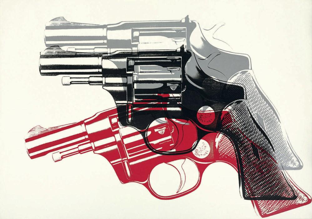 Andy Warhol - Guns, 1982: ANDY WARHOL (1928-1987) Guns, 1982 Print in Colors 5" x 8" Andy Warhol was a leading figure in the Pop Art movement. Like his contemporaries Roy Lichtenstein and Robert Rauschenberg, Warhol responded
