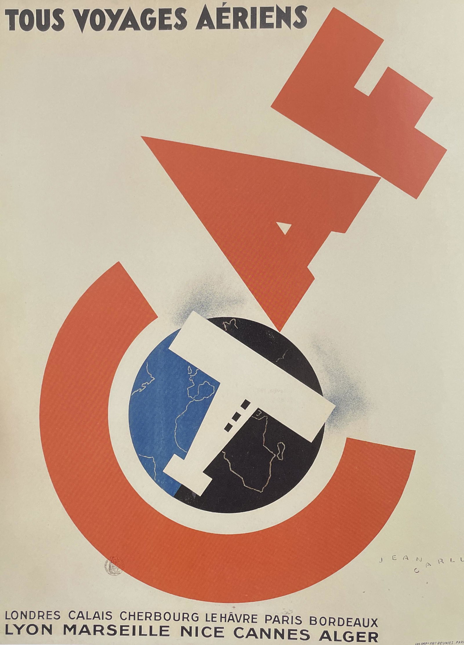 Jean Carlu - Tous Voyages Aeries, 1919: JEAN CARLU Title - Tous Voyages Aeriens, 1919 Type of Print - Later Reprint in Colors Estimated Image Size - 8" x 11"