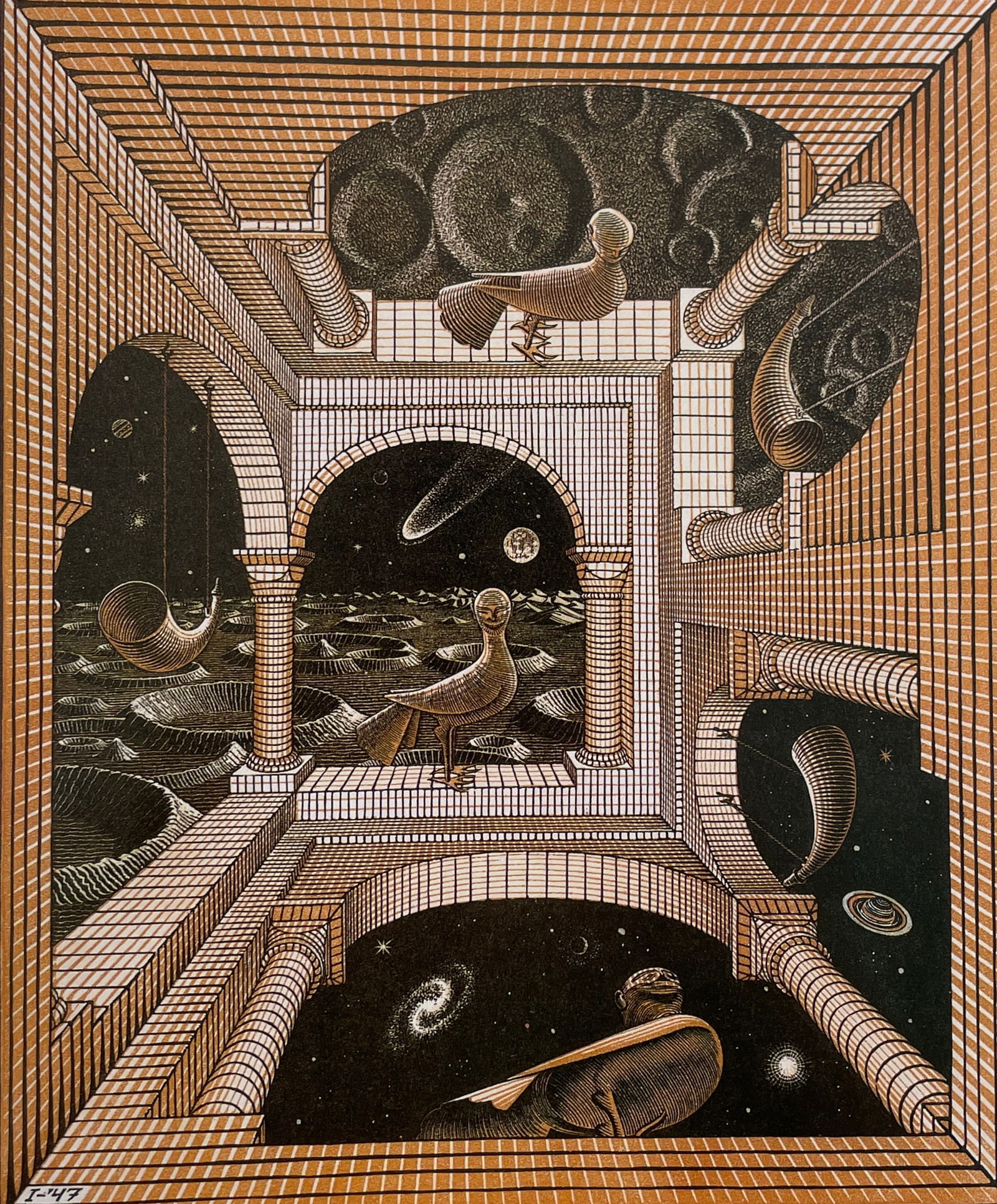 MC Escher - Other World, 1947: MC ESCHER (1898-1972) Title - Other World, 1947 Type of Print - Print in Colors, Printed in the 1980s Approximate Image Size - 7 1/2" x 9" M.C. Escher was a Dutch graphic artist known for his iconic o