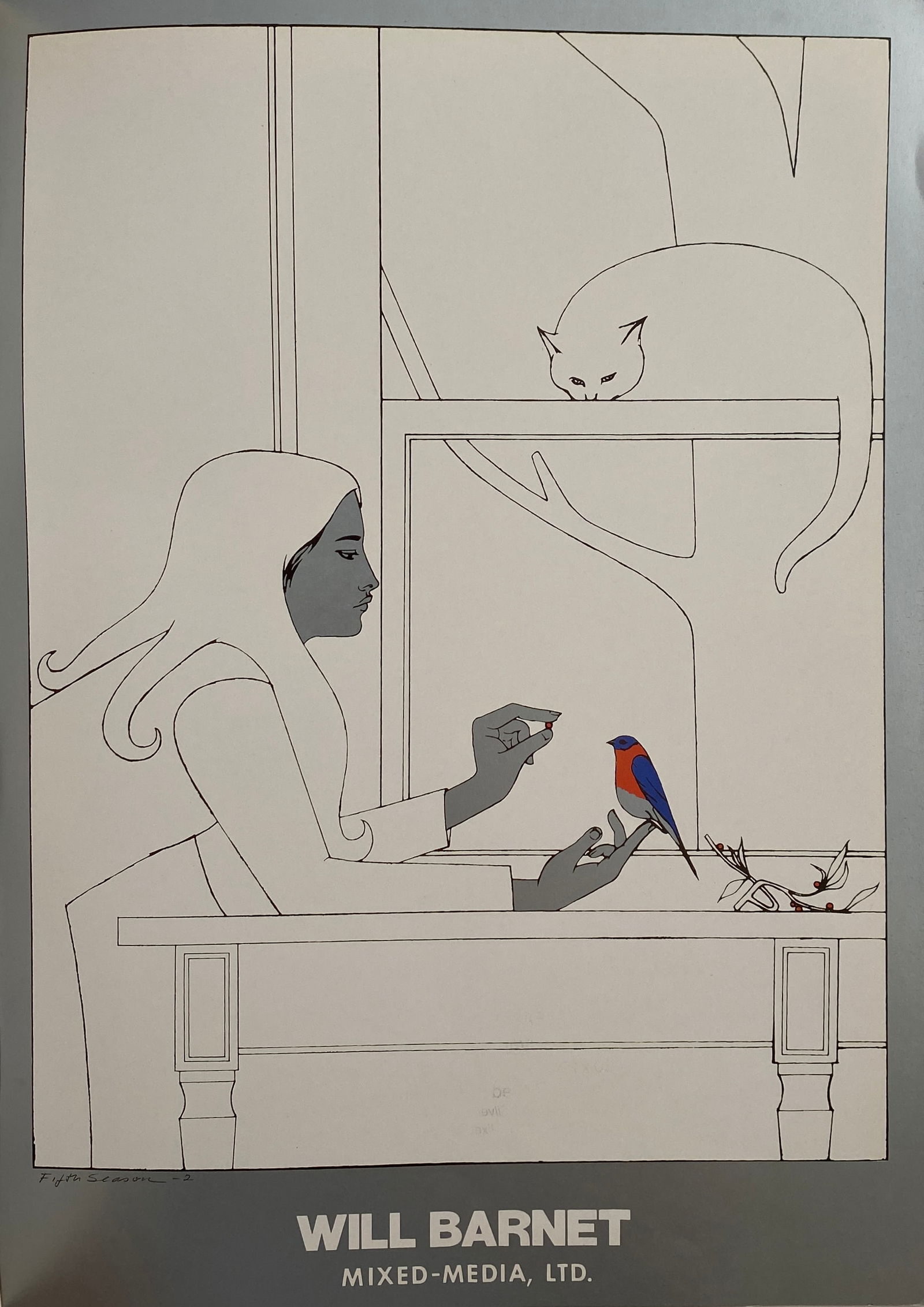 Will Barnet - Woman and Cats, 1969: WILL BARNET (1911-2012) Woman and Cats, 1969 Print in Colors, Printed Signature 11" x 15 3/4"