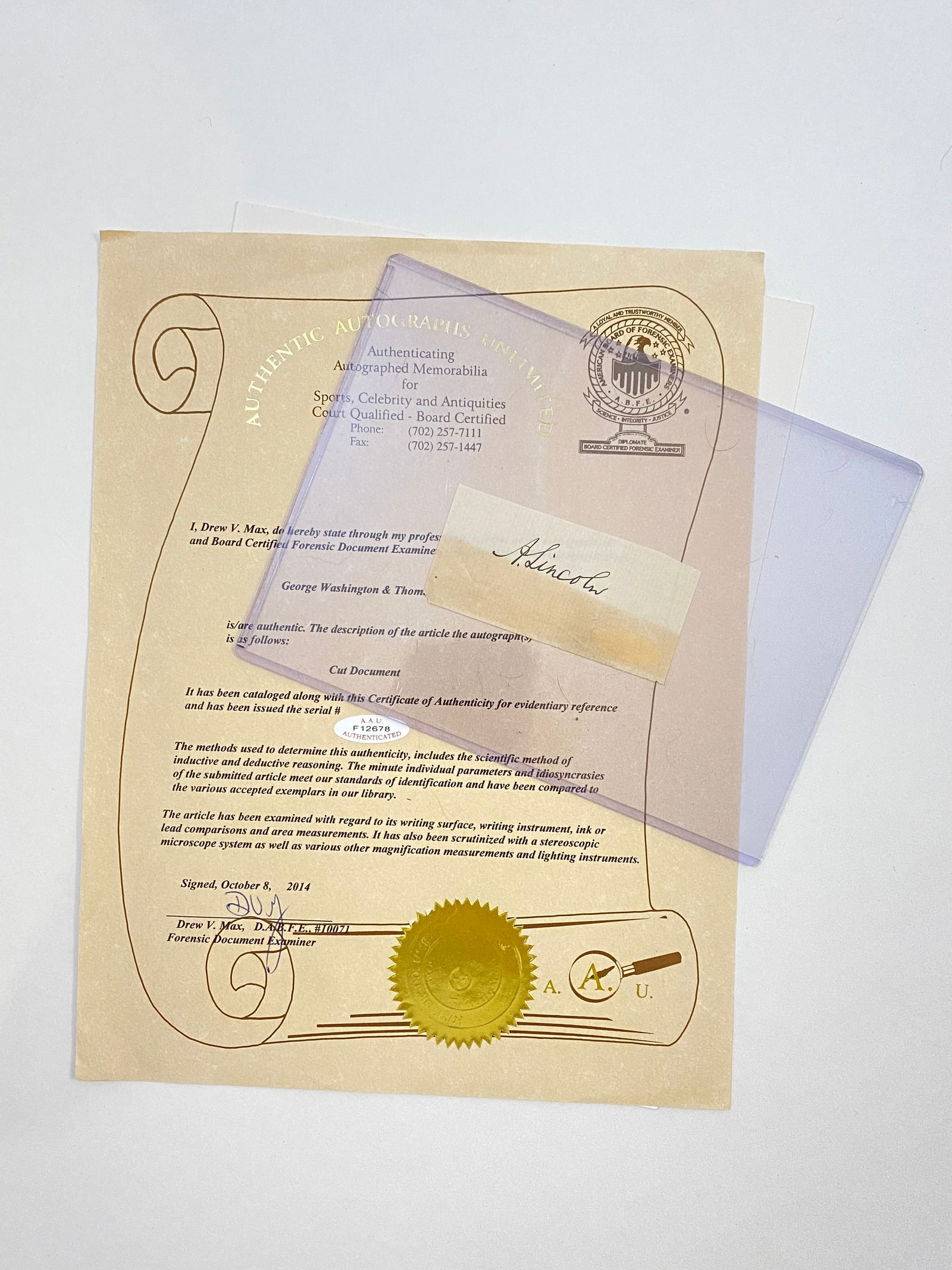 Abe Lincoln - Autographed Paper w/ COA (1 of 7)