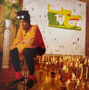 Jean Michel Basquiat - With His Painting at the Michael Todd Room, 1985: JEAN MICHEL BASQUIAT (1960-1988) With His Painting Untitled(Palladium) in the Michael Todd Room, the VIP Lounge, 1985 Print in Colors 7 1/2" x 7 1/2"