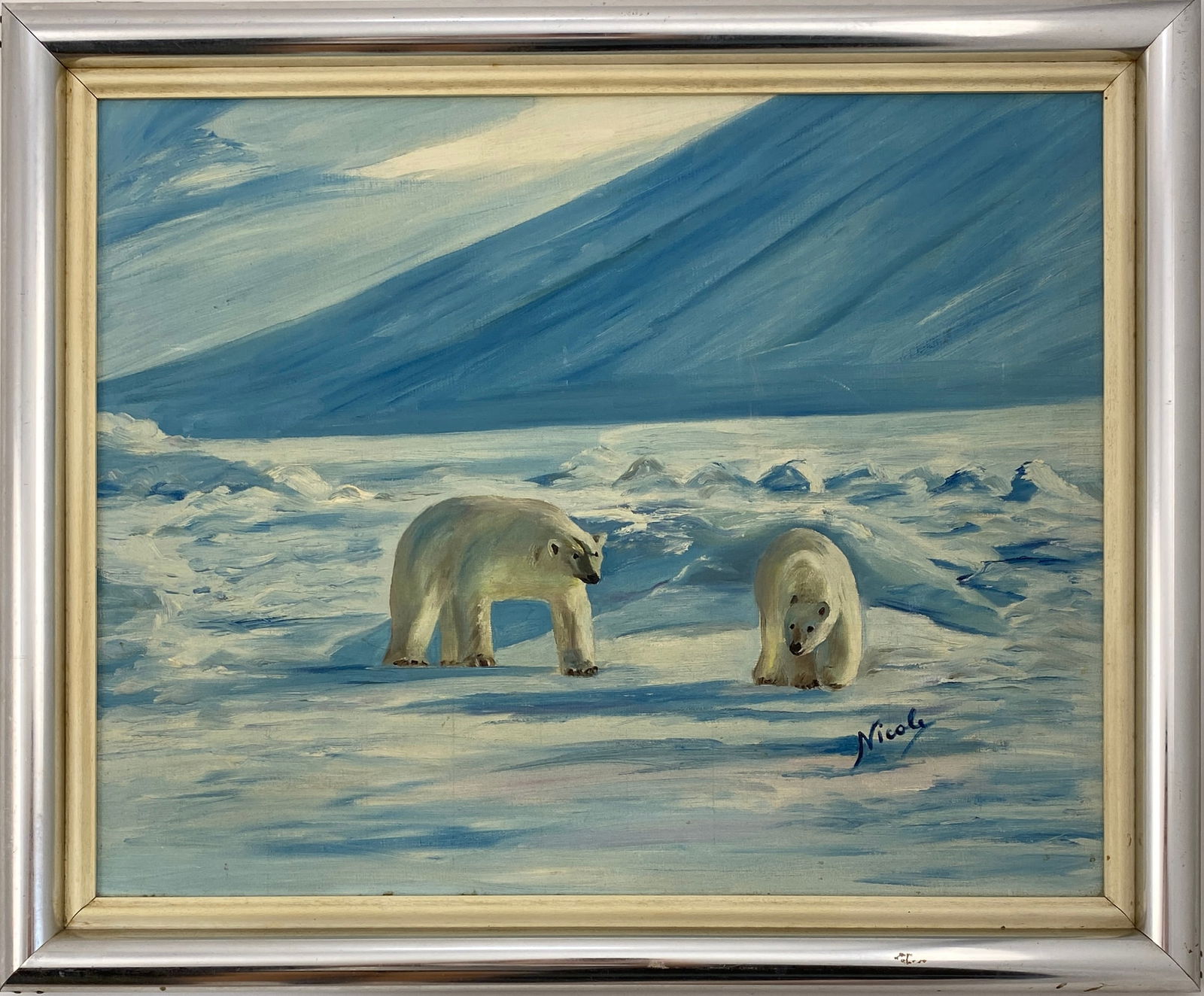 Vintage Oil on Board - Scene of Arctic Polar Bears, Signed (1 of 16)
