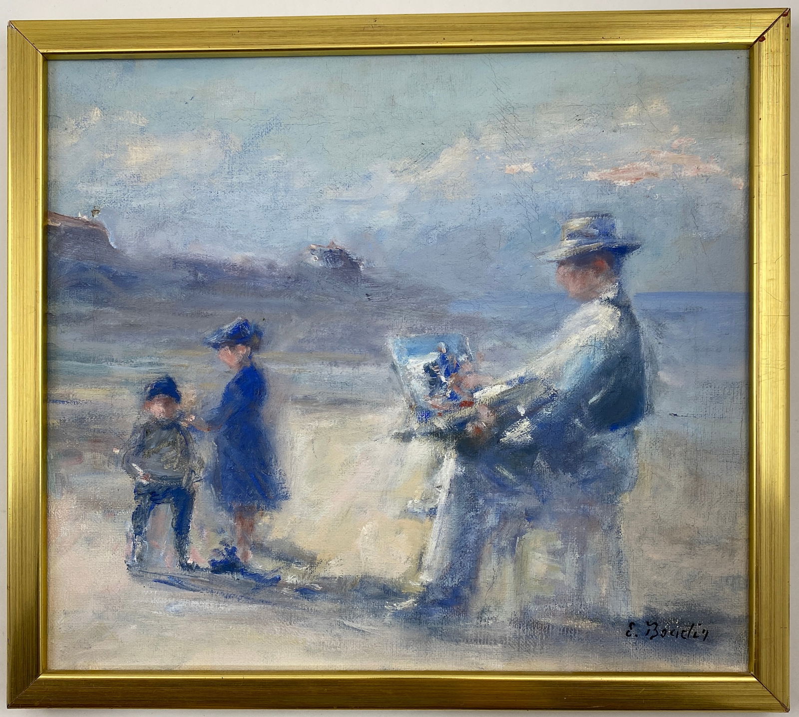 After Eugene Boudin - Impressionist Beach Scene, Original Oil on Canvas: AFTER EUGENE BOUDIN Impressionist Beach Scene Original Oil on Canvas 15" x 17"