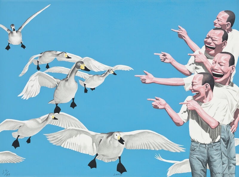 Yue Minjun - Swans, Offset Lithograph: YUE MINJUN Swans Offset Lithograph 24" x 32"