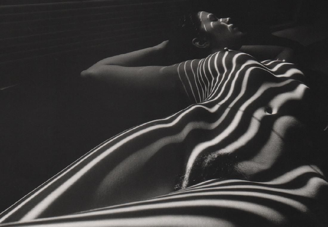 Lucien Clergue - Nude with Stripes, Print: LUCIEN CLERGUE (1934-2014) Nude with Stripes Print 5 1/2" x 8"