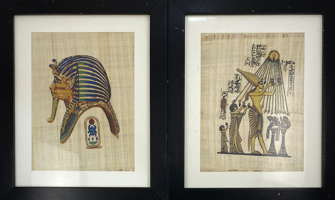 Pair of Vintage Pharaoh Egyptian Paintings on Fabric: A Pair of Vintage Pharaoh Egyptian Paintings on Fabric Each measure approximately - Sight - 15" x 11" - Frame - 23" x 19"