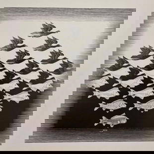 M.C. Escher - Sky and Water, 1938: M.C. ESCHER (1898-1972) Sky and Water, 1938 Print 8 1/2" x 8 3/4"