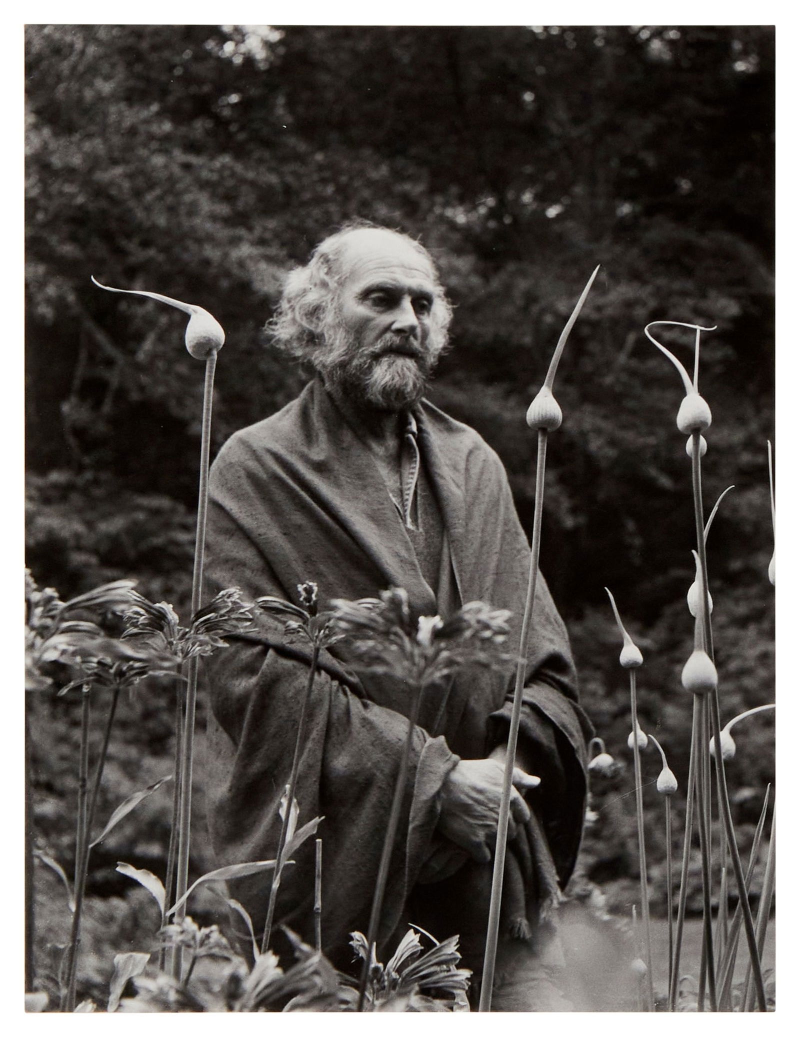 Imogen Cunningham - Morris Graves in His Leek Garden, 1973: IMOGEN CUNNINGHAM (1883-1976) Morris Graves in His Leek Garden, 1973 Print 7 1/4" x 9 3/4"