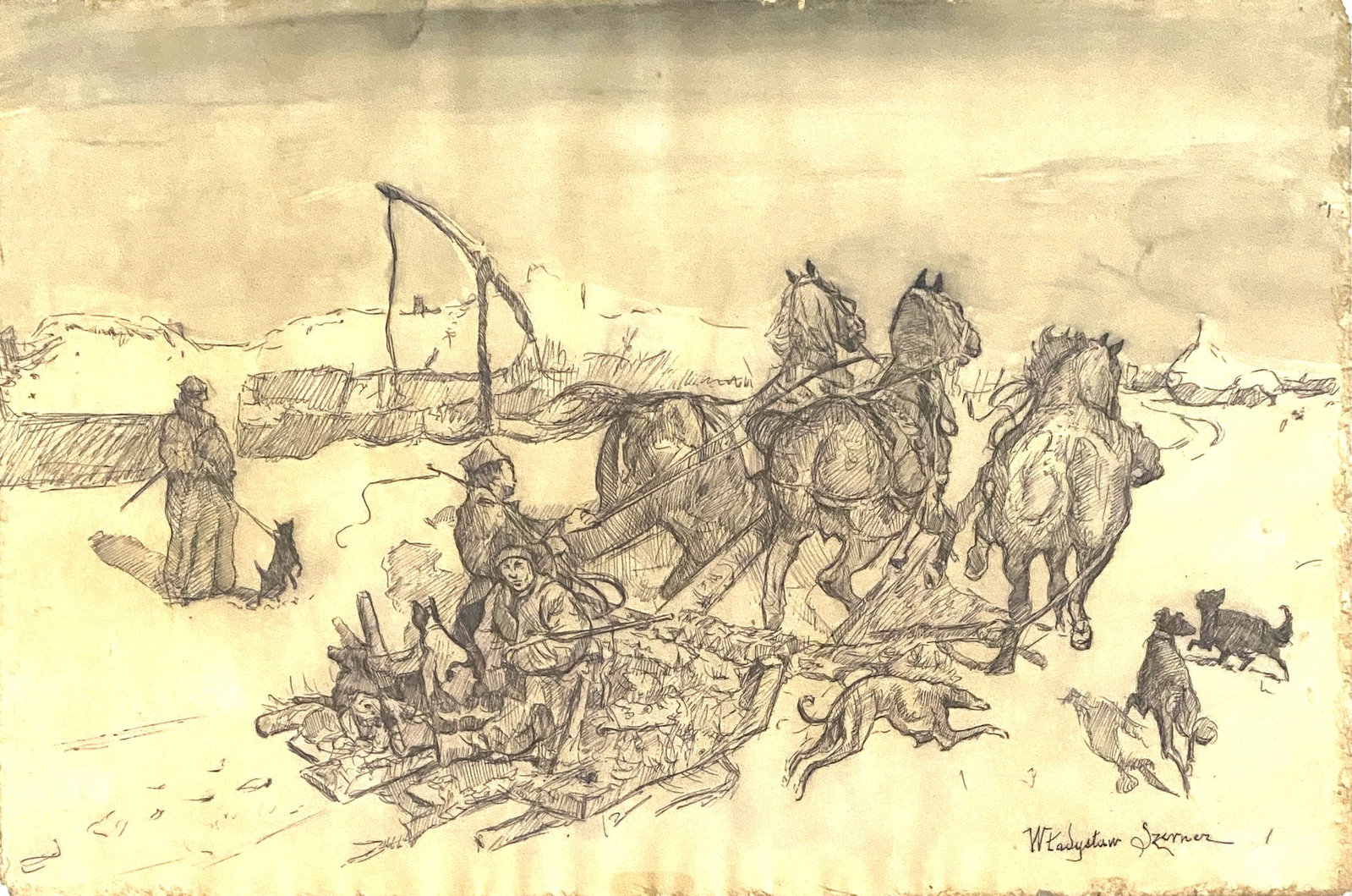 Wladyslaw Szerner - Vintage Drawing, Horses w/ Sled: WLADYSLAW SZERNER (1836-1915) Horses w/ Sled Vintage Drawing 15 3/4" x 23 1/2"