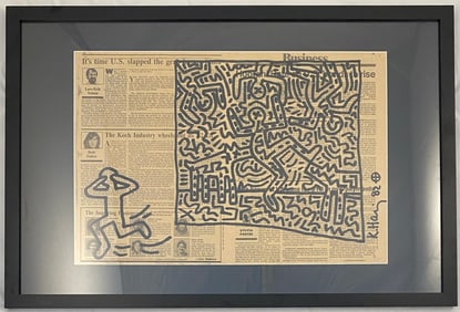 Keith Haring - Drawing on Vintage Map, Dated 1982