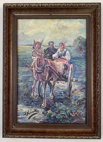 Jan Konarski - People in Horse Carriage, Oil on Board