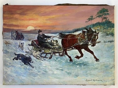 Zygmunt Ajdukiewicz - Man on Horseback w/ Dogs, Oil on Canvas