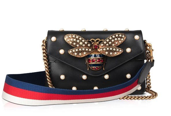 GUCCI Pearly Bee Shoulder Bag - Low Reserve: Black Calfskin Leather Antiqued Gold-Tone Hardware Single Chain-link Shoulder Strap Single Detachable Blue, Red & White Web Canvas Shoulder Strap Pearl Accents Throughout Exterior Crystal Bee Embellis