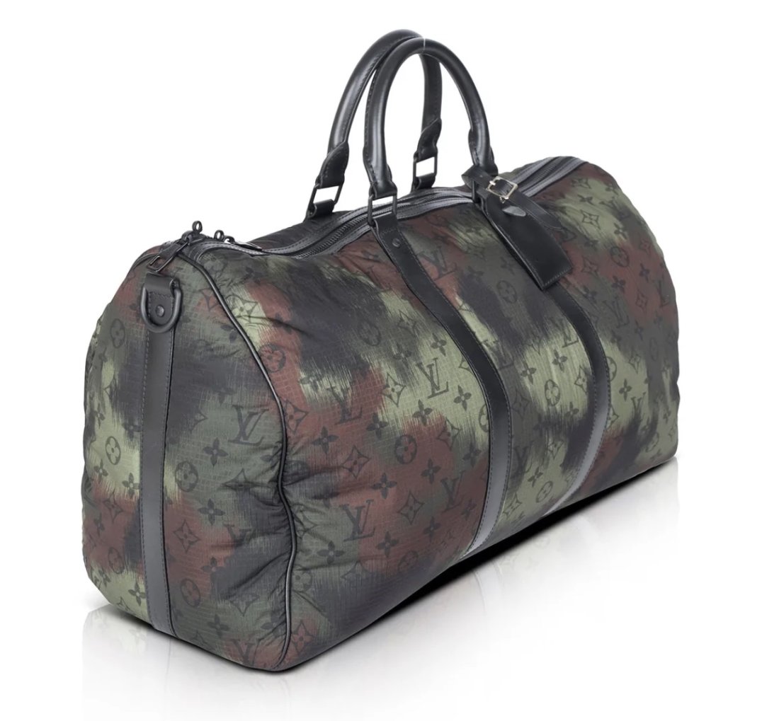 LOUIS VUITTON 2020 Virgil Abloh Monogram Camouflage Keepall Bandouliere 50: Green & Multicolore Monogram Camouflage Nylon Black Leather Trim Black Tone Hardware Dual Rolled Top Handles Single Detachable Flat Shoulder Strap With Buckle Adjustment Black Nylon Interior Lining Si