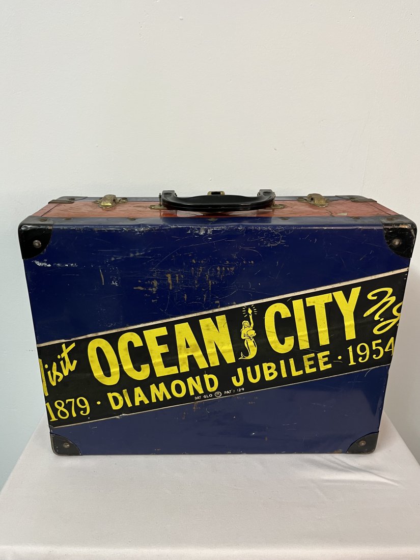 1950s Ocean City New Jersey Roller Derby Skates Case: 15x6.5x11". Some scuffing and indentations, some discoloration on tin. Beautiful piece with tremendous character. Stickers applied throughout exterior. Overall good, age-appropriate condition.