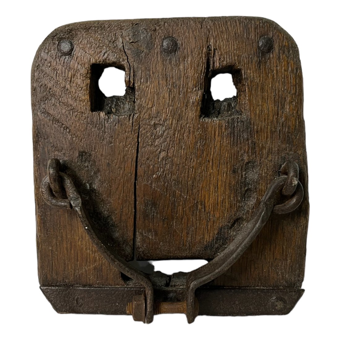19th Century Horse Bog Shoe - Anthropomorphic Face/Mask: Measures 9.5x8" In good used condition. The aging and wear on the wood is beautiful. Bog shoes serve the same purpose as snow shoes, but in this case for muddy/marshy bogs and swamps. These were affix