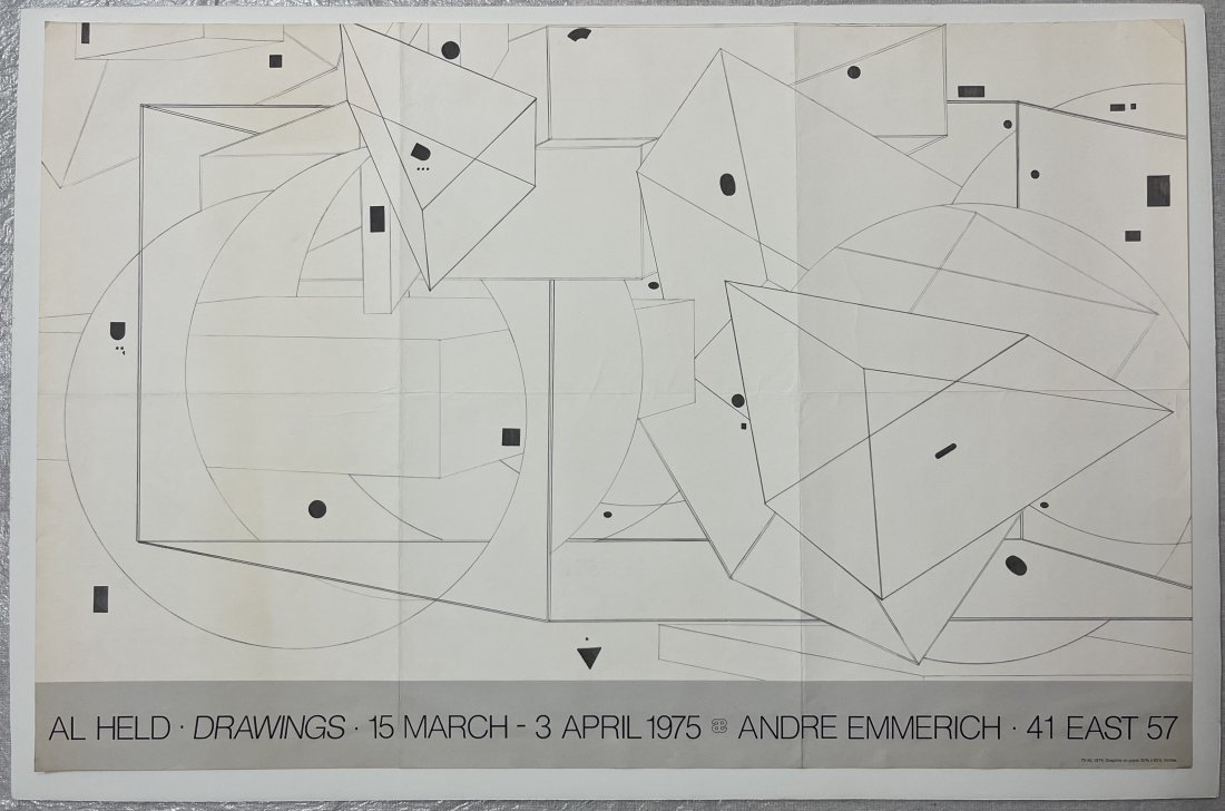 Al Held Drawings, Andre Emimerich 1975 Original Poster Print: Original poster that may be considered a print. Beautiful piece that almost appears hand-drawn. Glued/matted onto poster board. Board measures: 30x20". Poster measures: 18.5x28.5". Condition: minor ye