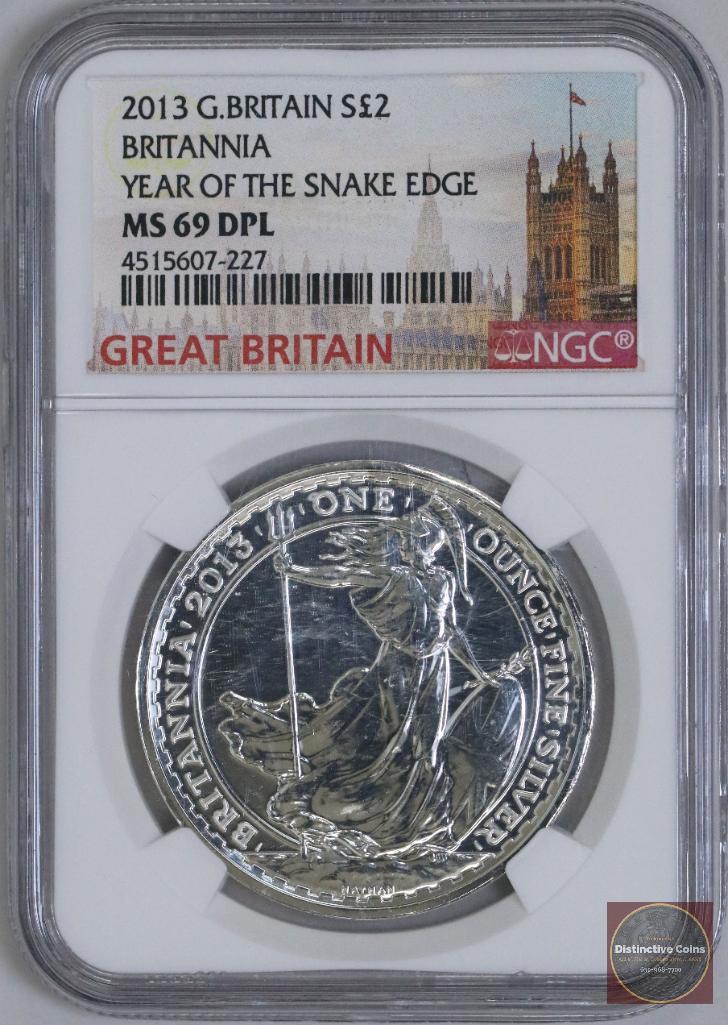 2013 Great Britain Silver Britannia Year of the Snake Edge 1oz (NGC) MS69DPL: Mint State 69 Deep Proof Like, NGC Certified.