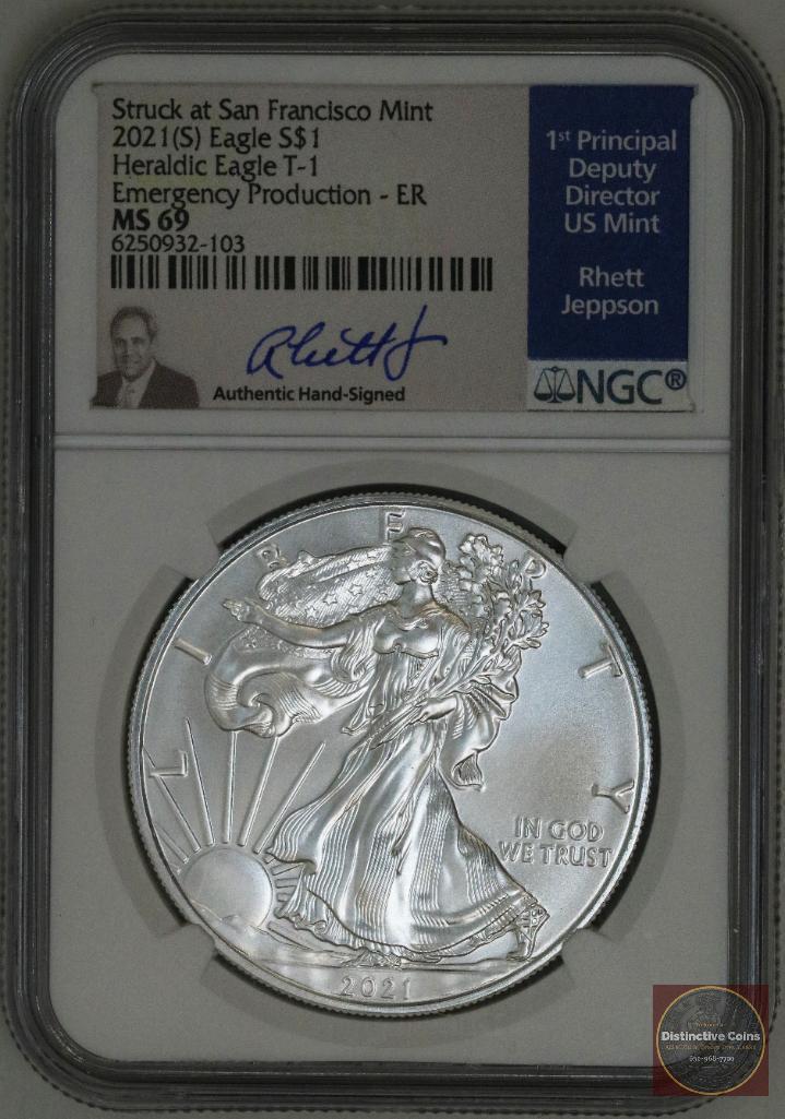 2021 S American Silver Eagle Heraldic Eagle T-1 (NGC) MS69 Emergency Production (1 of 2)
