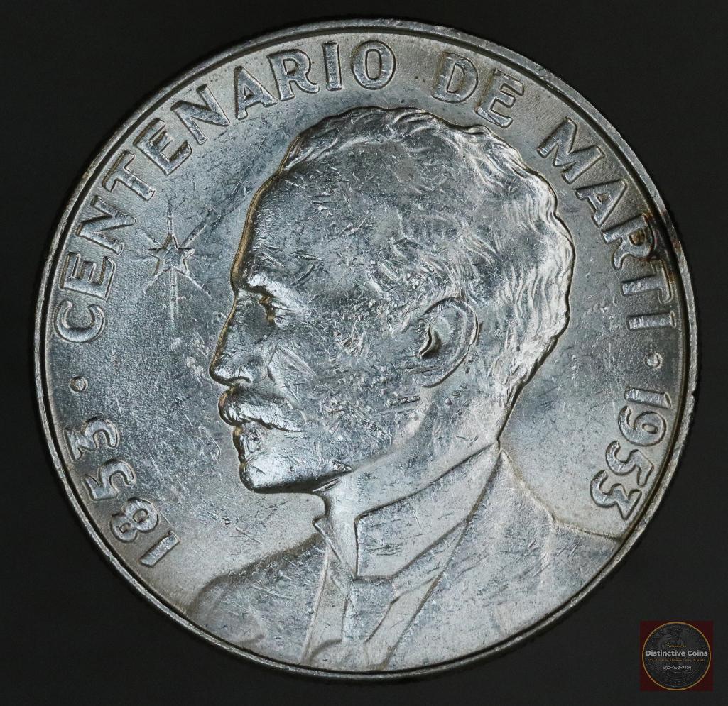1953 Cuba Peso Silver: KM# 29, AU details, dings obverse & reverse, ASW: 0.7734oz.
