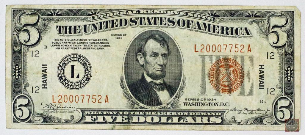 1934 $5 Silver Certificate Hawaii Note (1 of 2)