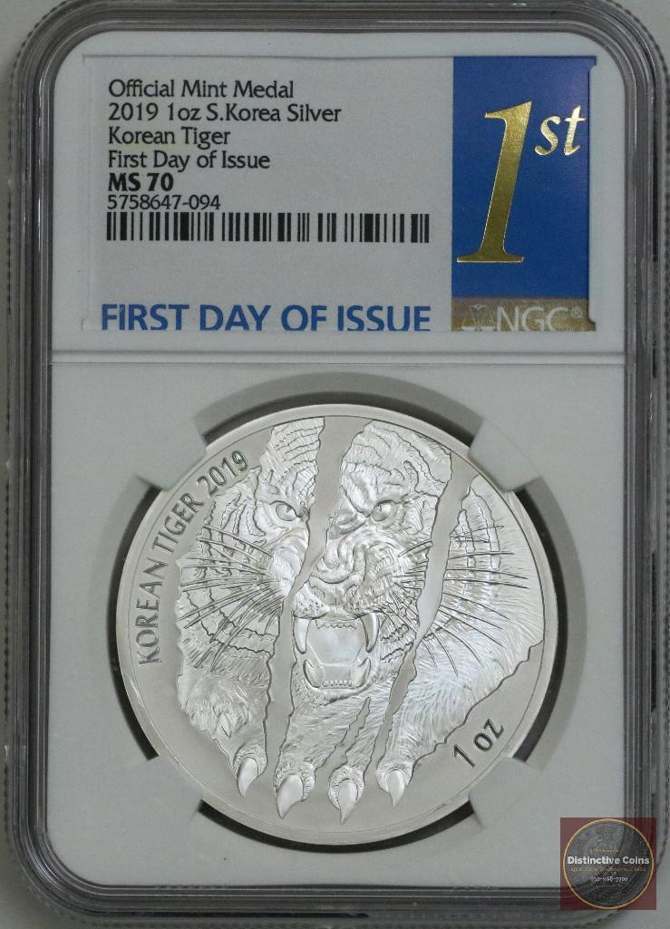 2019 South Korea Tiger 1oz. .999 Fine Silver (NGC) MS70: One Ounce .999 Fine Silver, Mint State 70, NGC Certified.