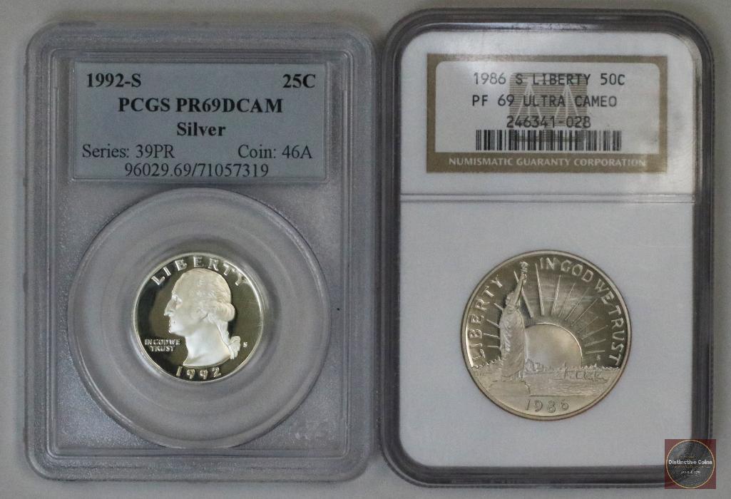 Group of (2) Certified U.S. Coins 1986 S Statue of Liberty Half & 1992 S Silver Washington Quarter (1 of 4)