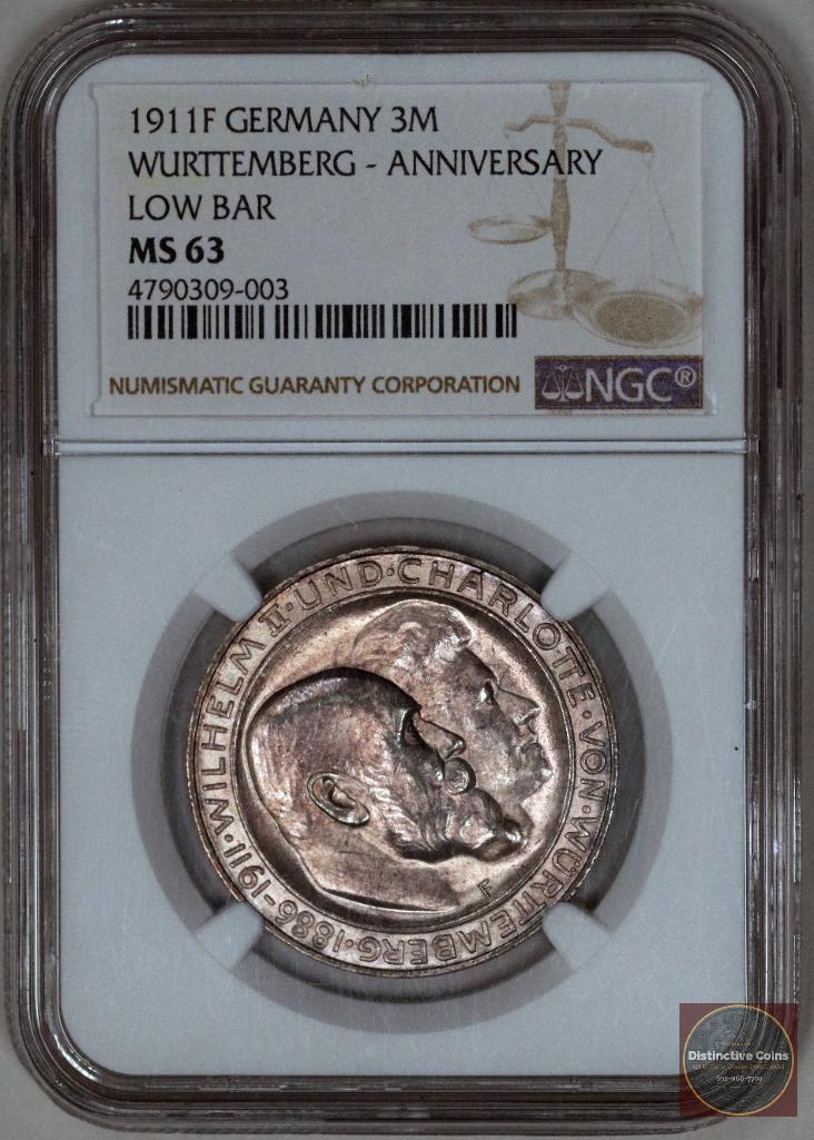 1911 F German States WURTTEMBERG 3 Mark Silver Wedding Anniversary (NGC) MS63 (1 of 4)