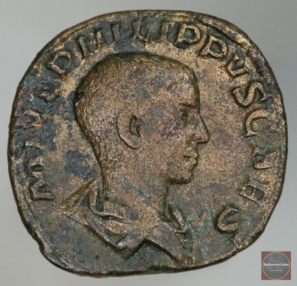 ROMAN - PHILIP II as Caeser, 244-246 AD Sestertius, (30mm, 21.5g) VF: Mint: Rome. Obv: M IVL PHILIPPVS CAES, Bust of Philip II, bare-headed, draped, right. Rev: PRINCIPI IVVENT S C, Philip II, standing left, holding globe in right hand and ver