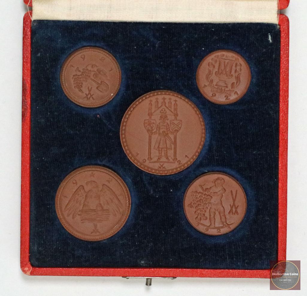 1921 5-Coin Meissen Germany Brown Porcelain Set: In original display box, 30 (2) 50, 2 & 3 Mark.