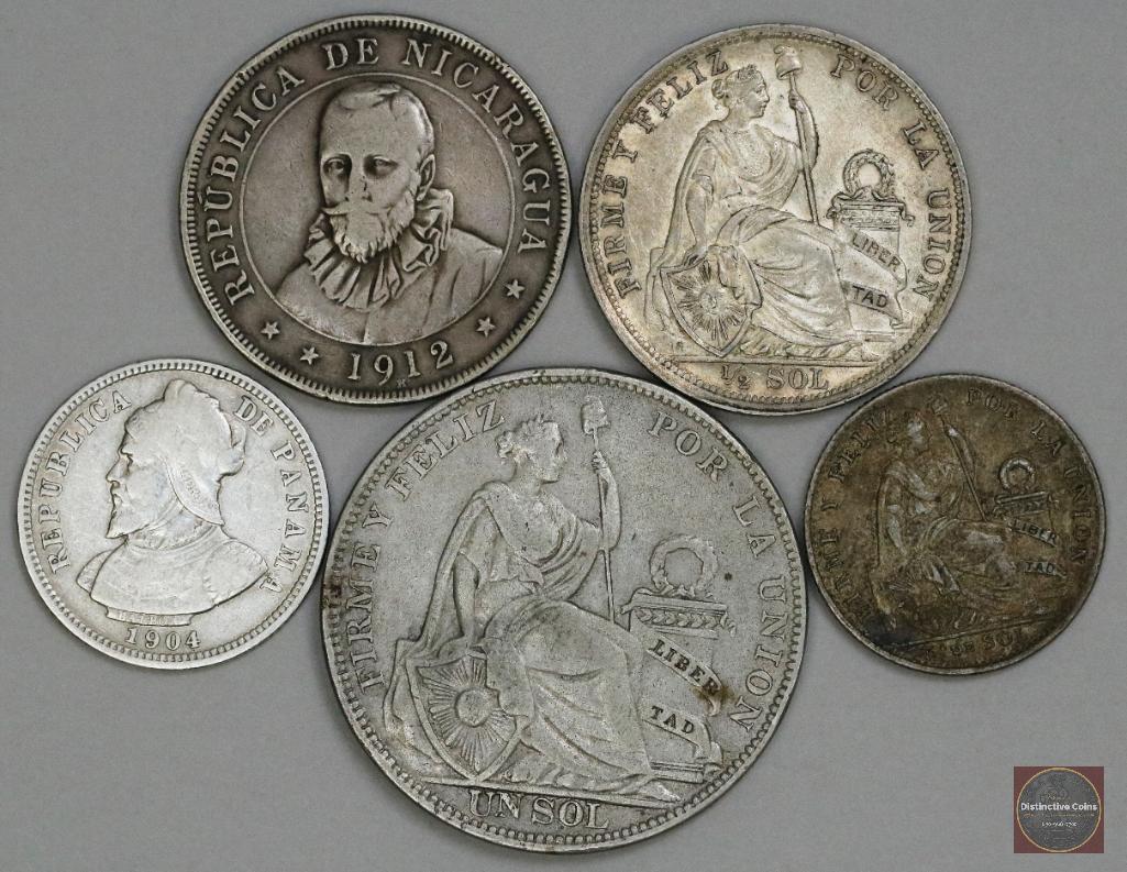 Group of (5) World Silver Coins Peru, Nicaragua & Panama (1 of 2)