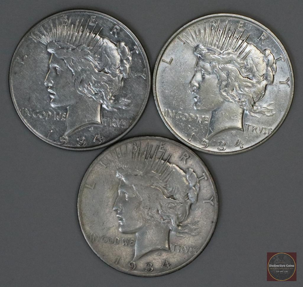 Group of (3) Peace Silver Dollars 1934 P, D & S (1 of 4)