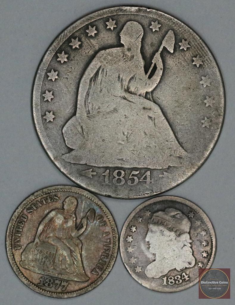 Group of (3) U.S. Type Coins 1834 Bust Capped Dime, 1877 P Seated Dime & 1854 O Seated Half Dollar (1 of 2)