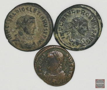 Group of (3) Roman Antient Coins: Includes 276-282 A.D. Probus, 284-305 A.D.&nbsp; Diocletian &amp; 308-324 A.D. Licinius.