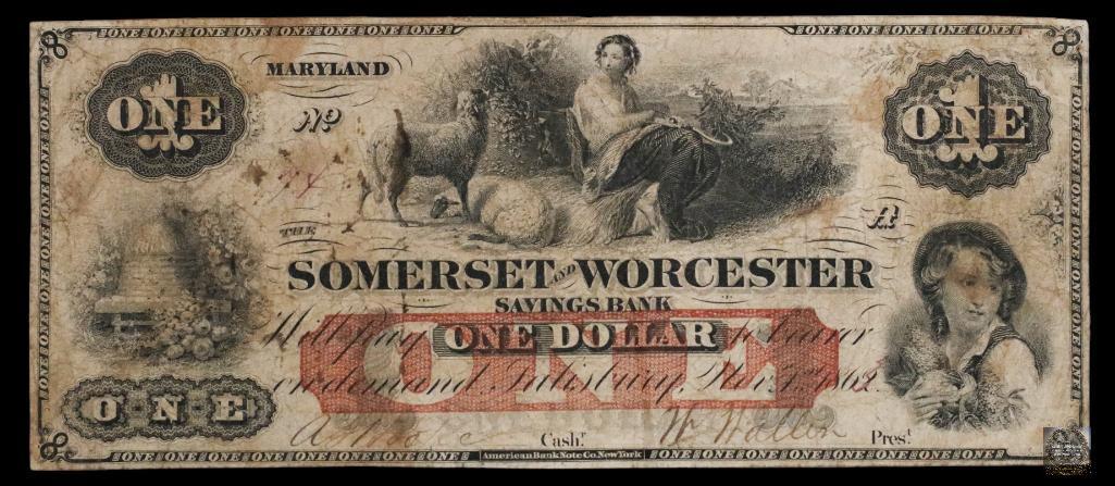 Obsolete Note 1862 $1 Somerset and Worcester Savings Bank Salisbury Maryland (1 of 2)