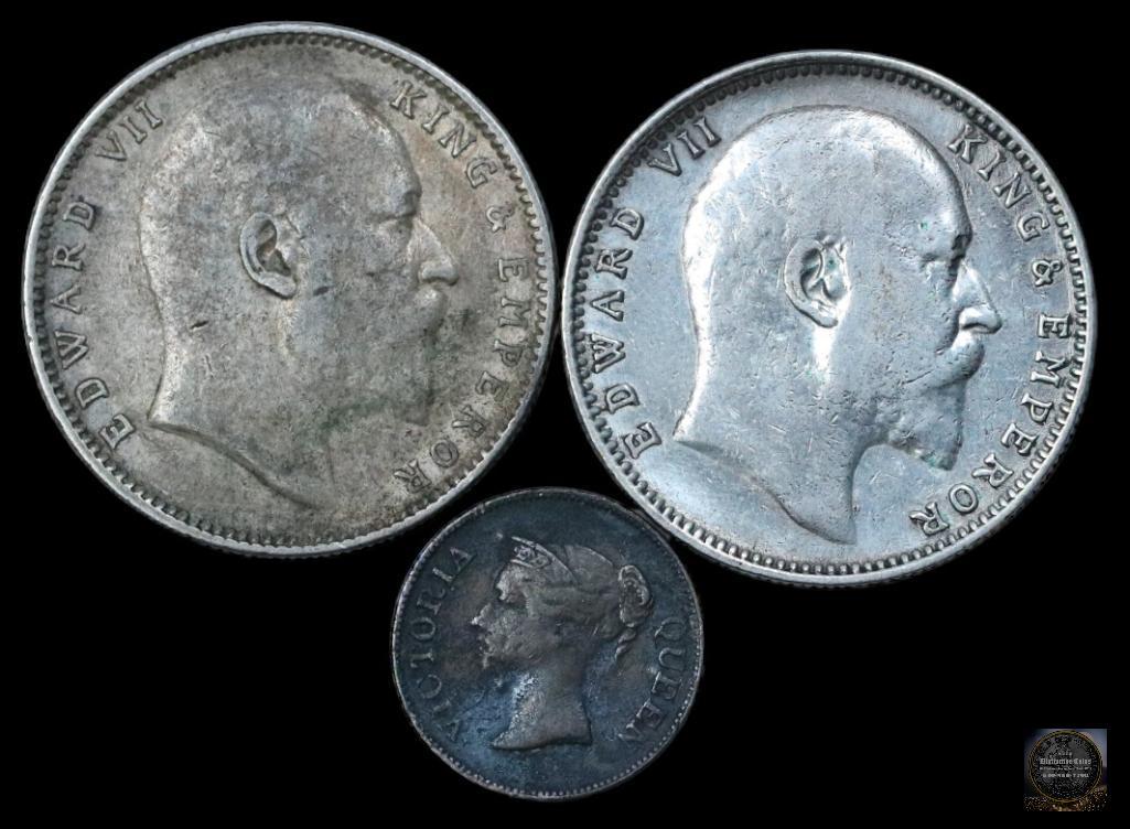 Group of (3) 1906 & 1907 Great Britain India Rupee & 1845 Straits Settlement 1/4 Cent (1 of 2)