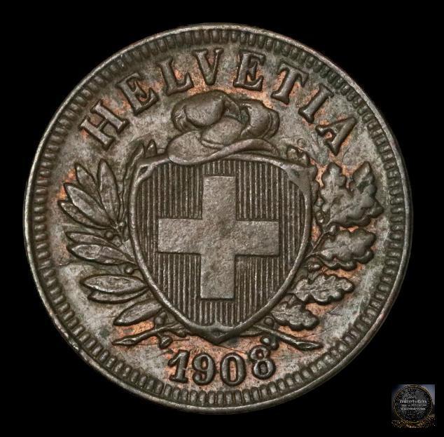 SWITZERLAND 1908 2 RAPPEN K-4.2 AU+: SWITZERLAND 1908 2 RAPPEN K-4.2 AU+