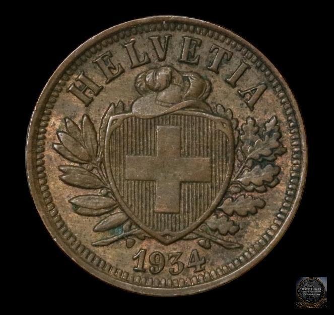 SWITZERLAND 1934 B 2 RAPPEN K-4.2A AU: SWITZERLAND 1934 B 2 RAPPEN K-4.2A AU